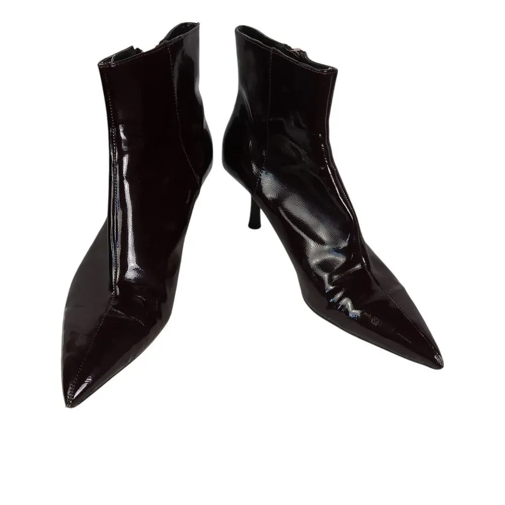 Zara Dark Burgundy Faux Patent Leather Kitten Heel Ankle Boots 38